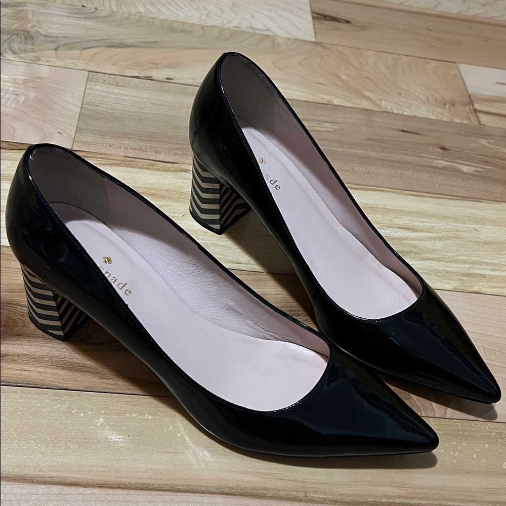 Kate Spade Milan Black Patent Leather and Stripe Block Heels